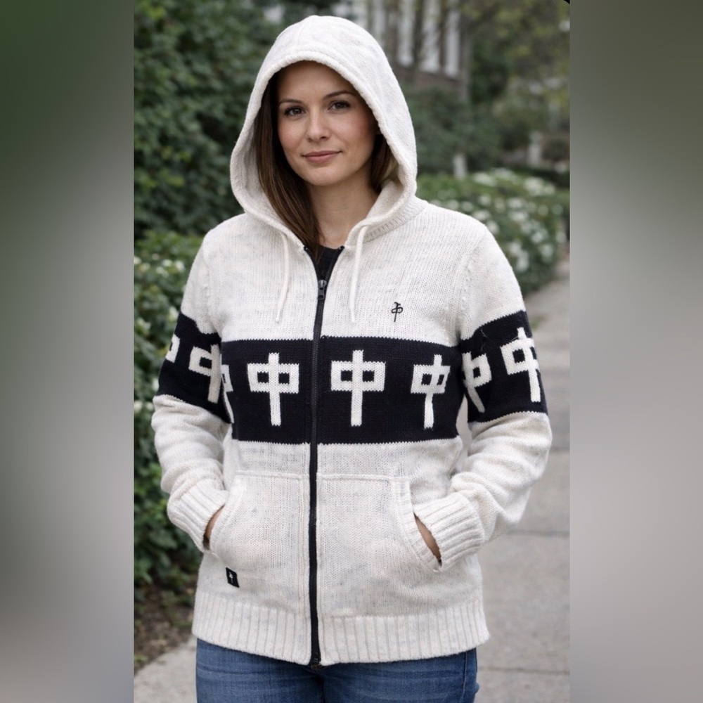 Hooded Zip Knit Sweater Jacket - Cream & Black